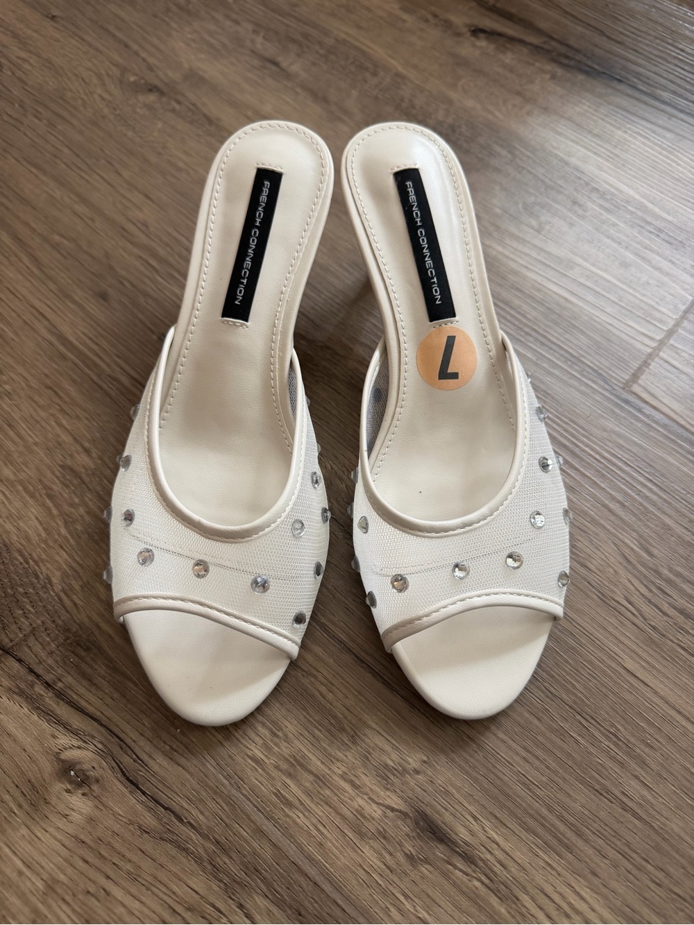 French Connection Cream Rhinestone Embellished Slide Mules